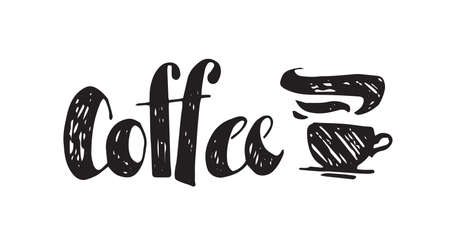 Coffee time. Vector poster design with lettering and hand drawn coffee cup sketch. Cappuchino or espresso morning beverages doodleのイラスト素材
