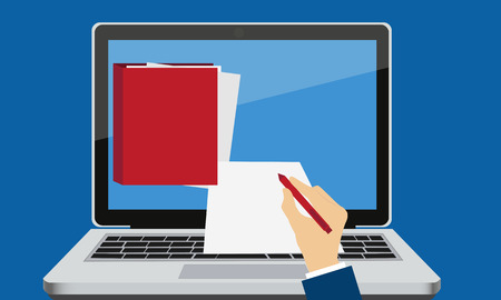 Electronic signature. Laptop with documents and hand with pen. Business conceptのイラスト素材