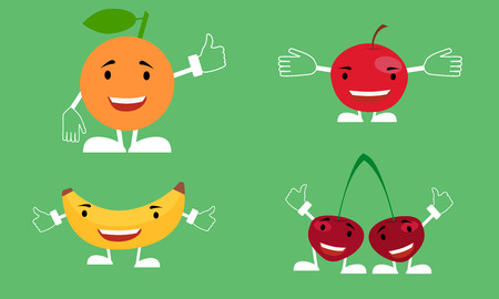 A set of characters smiling fruit banana, orange, cherry, apple. Vector illustrationのイラスト素材