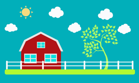 Farm and tree on a background of sky and clouds. Vector illustrationのイラスト素材