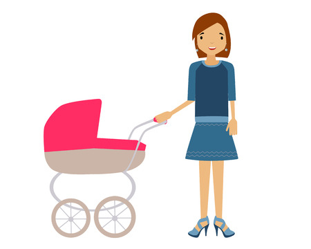 A woman with a pram. Young mum walks with the child. Vector illustrationのイラスト素材
