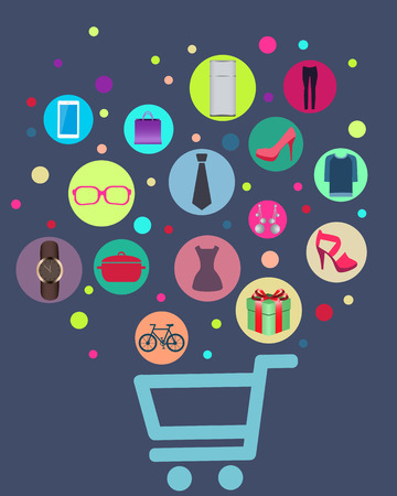 Concept shopping. The cart with clock, shoes and dresses. Vector illustrationのイラスト素材