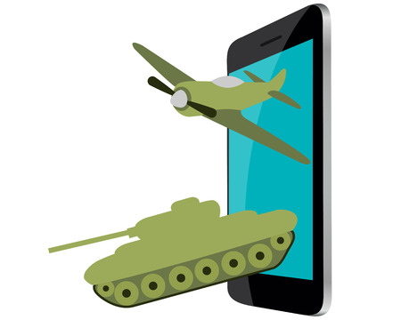 Online Games. Mobile phone with military aircraft and tanks. Vector illustrationのイラスト素材