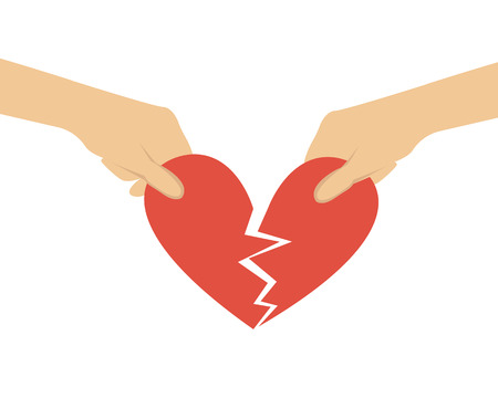 Break off relations. Hands divided heart in half. Vector illustrationのイラスト素材