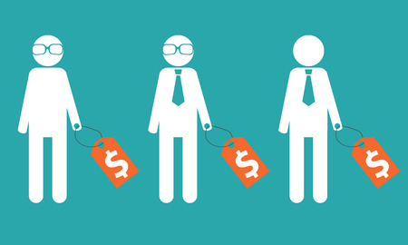 Selecting an employee. Man in glasses and tie with a price tag. Vector illustrationのイラスト素材