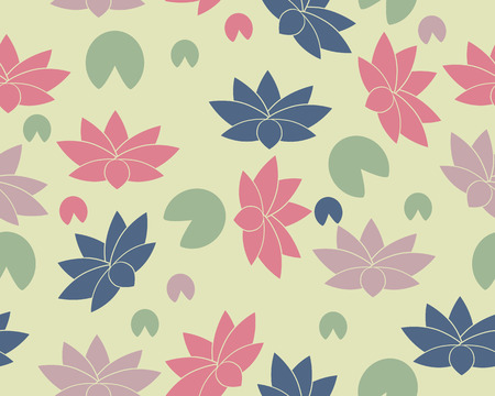 Background with lotus flowers and leaves. Vector seamless patternのイラスト素材
