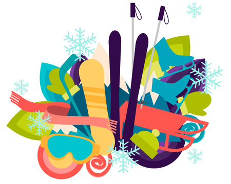 Winter vacation. Sports accessories and equipment. Vector illustrationのイラスト素材