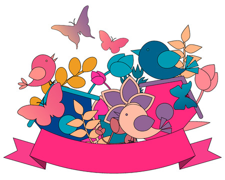 Spring concept. Card with flowers, butterflies and birds. Vector illustrationのイラスト素材