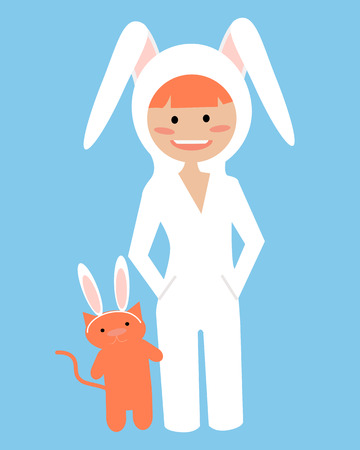 Cute little girl dressed as a rabbit with a cat. Vector illustrationのイラスト素材