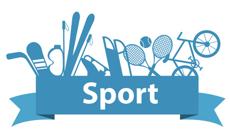 Sports and game equipment on a blue ribbon. Vector illustrationのイラスト素材