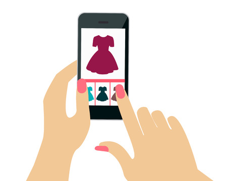 Buying dresses in the online shop. Hand holding a mobile phone. Vector illustrationのイラスト素材