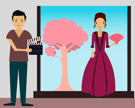 Filming. Young woman in vintage dress ready to shoot a new scene. Vector illustrationのイラスト素材