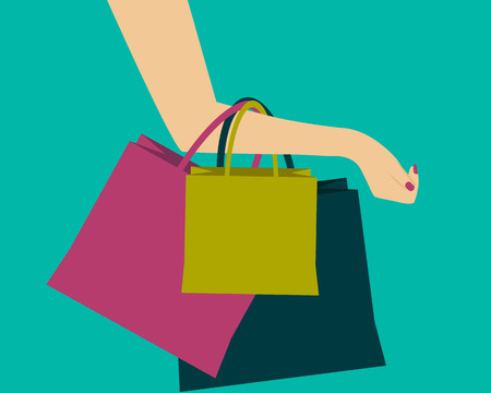 Shopping. Hand holding colorful bags. Vector illustrationのイラスト素材