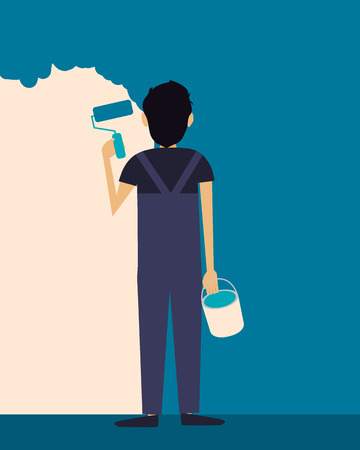 Man painting the wall in blue. Vector illustrationのイラスト素材
