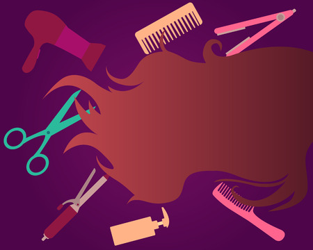 Hair care. Accessories hairdresser and long hair. Vector illustrationのイラスト素材