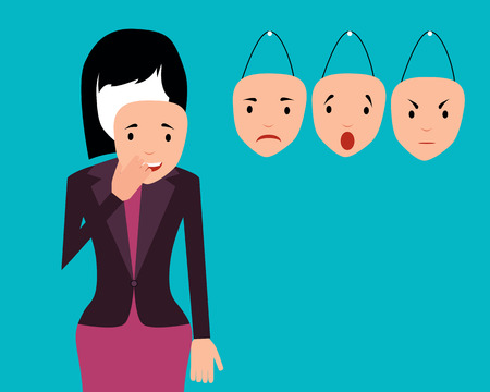 Concept emotion. Woman wears a mask of joy. Vector illustrationのイラスト素材