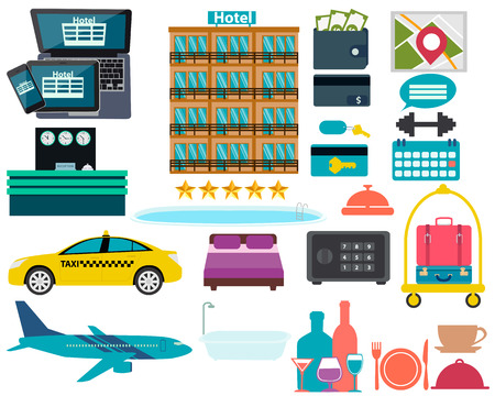 Set hotel. Reception, swimming pool and a suitcase. Vector illustrationのイラスト素材