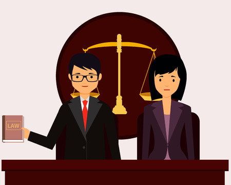 Man lawyer in court protects the client. Vector illustrationのイラスト素材