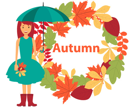 Card autumn. Young woman in a dress holding an umbrella. Vector illustrationのイラスト素材