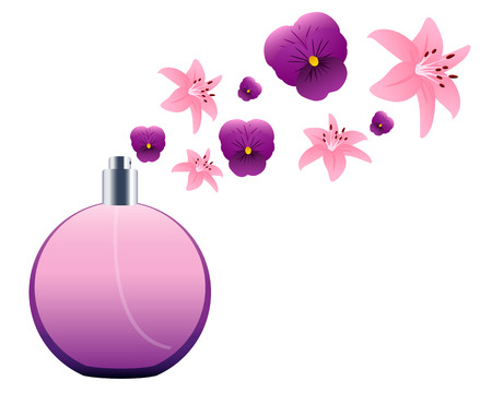 Perfume bottle spraying flowers isolated on white background. Vector illustrationのイラスト素材