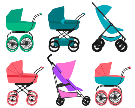 Set pram. Baby carriage for boys and girls. Vector illustrationのイラスト素材