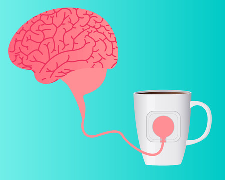 Charging brain caffeine. The human brain is a wire connected to a cup of coffee. Vector illustrationのイラスト素材