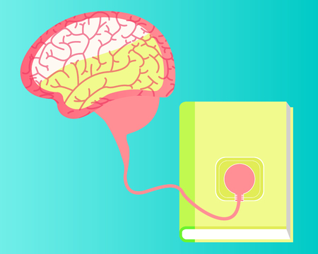Concept of education. The human brain is a wire connected to a book. Vector illustrationのイラスト素材