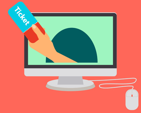 Buy tickets online through the Internet using a computer. Vector illustrationのイラスト素材