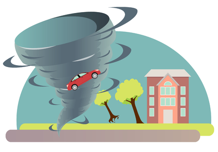 Tornado twisted tree and a car. Vector illustrationのイラスト素材