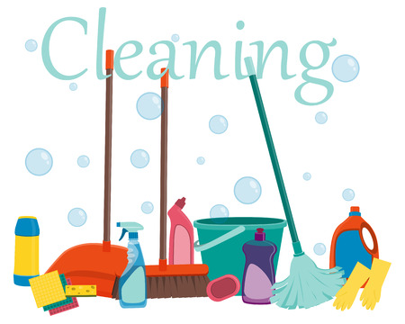 Poster tools for cleaning on a white background and soap bubbles. Vector illustrationのイラスト素材