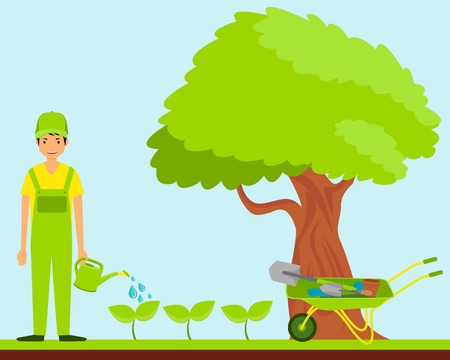 Work in the garden. Gardener watering plants. Vector illustrationのイラスト素材