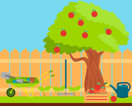 Garden with fruit trees and garden tools. Vector illustrationのイラスト素材