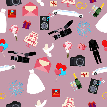 Seamless pattern Wedding. The dress, suit and a bouquet of flowers.のイラスト素材