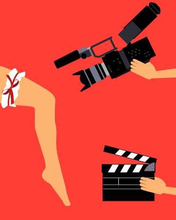 Production of the film. Women leg on a red background.のイラスト素材