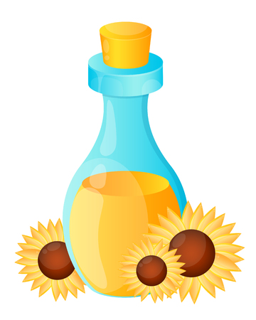 Sunflower oil. Bottle and flowers. illustrationのイラスト素材