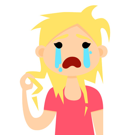 Girl holding her damaged hair and crying. Vector illustrationのイラスト素材