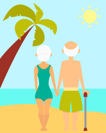 Happy retirement. Loving couple grandparents on the beach. Vector illustrationのイラスト素材