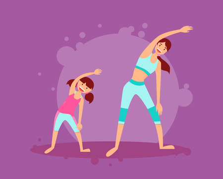 Mother and daughter engage in fitness. Flat design. Vector illustrationのイラスト素材