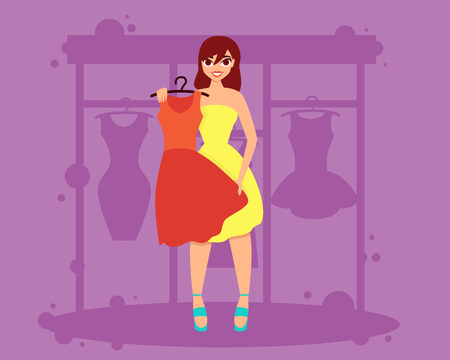 Woman chooses a dress in a shop for a party or a date.のイラスト素材