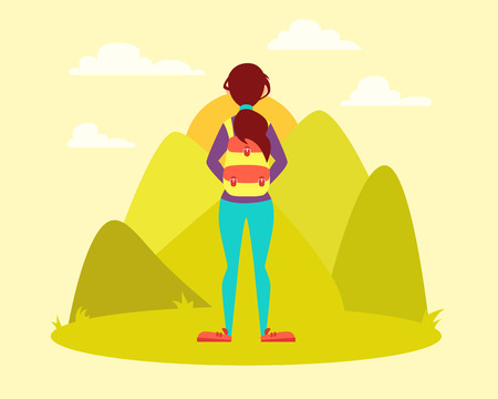 Young woman with backpack looks at sunrise in the mountains.のイラスト素材