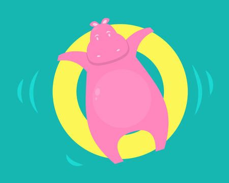 Pink hippo swims in the pool on a rubber circle. Vector illustrationのイラスト素材