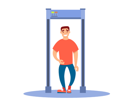 Young tourist man walks through a metal detector at the airport. Vector illustrationのイラスト素材