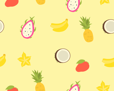 Seamless pattern of tropical fruits on a yellow backgroundのイラスト素材