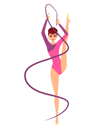 Young woman gymnast with ribbon isolated on white background. Vector illustrationのイラスト素材