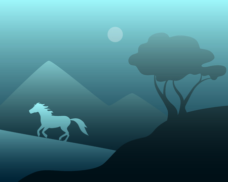 Night moon landscape with a wild horse and a tree. Vector illustrationのイラスト素材