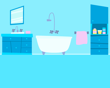 Interior of a blue bathroom with furniture. Flat design. Vector illustrationのイラスト素材