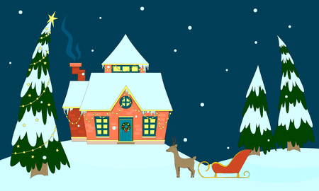House of Santa Claus. Forest landscape with a deer and sleigh. Flat design, vector illustration.のイラスト素材