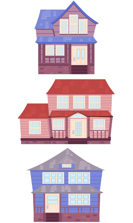 Set of wooden houses of the American suburbs. Flat design. Vector illustrationのイラスト素材