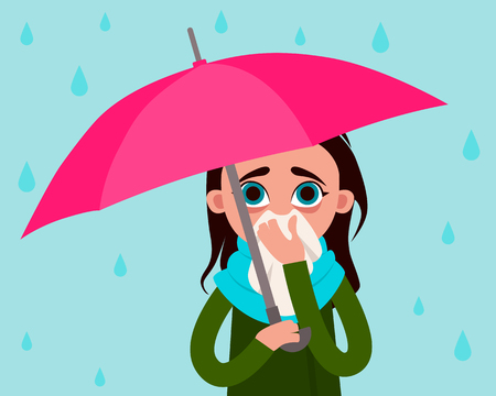 Woman with flu in the rain flat design vector illustration.のイラスト素材