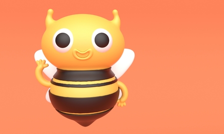 Cartoon cute bee mascot on orange background. 3d renderingの写真素材